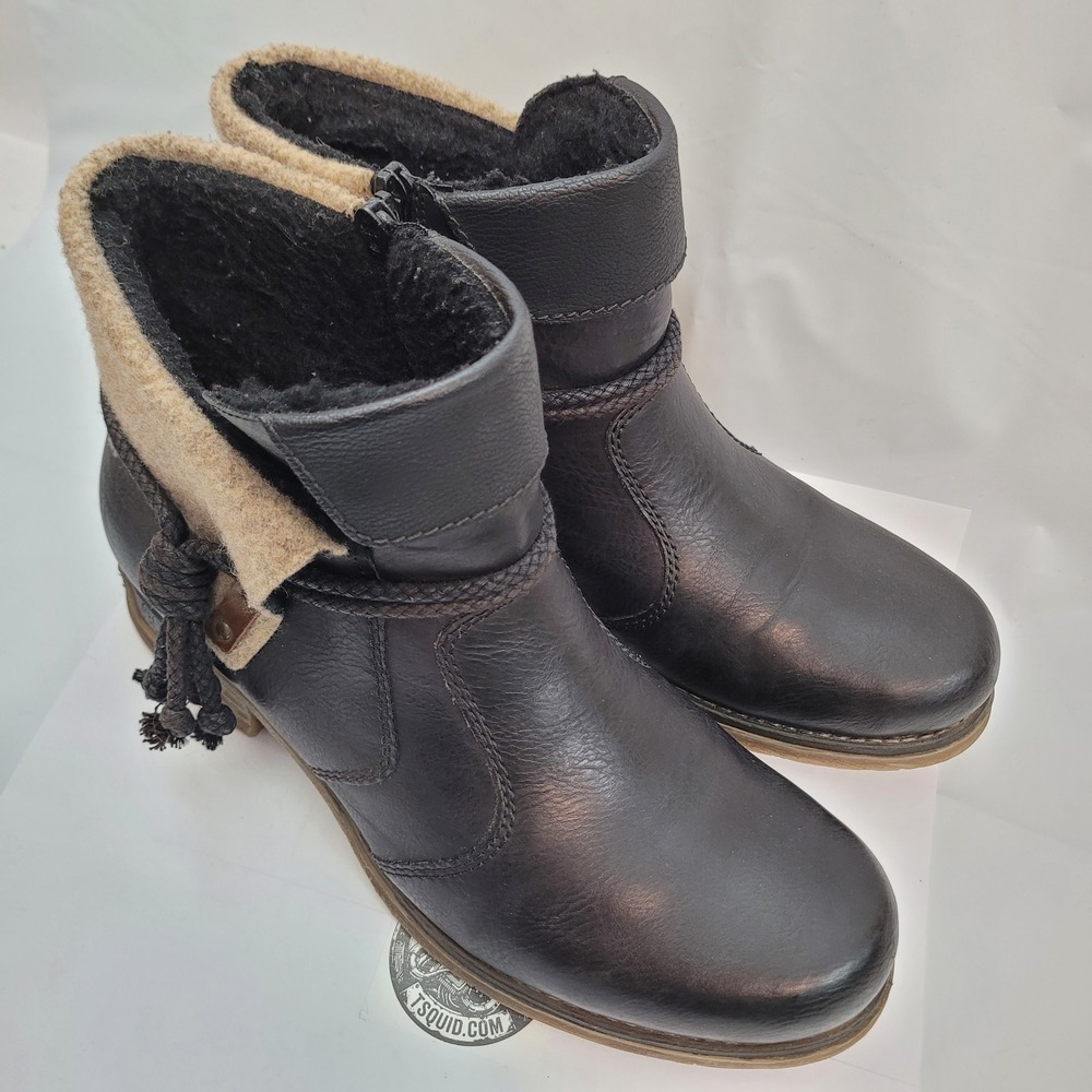 Rieker Ankle Boots Womens 9.5 Black Leather Wool Trim Side Zip 79693-00